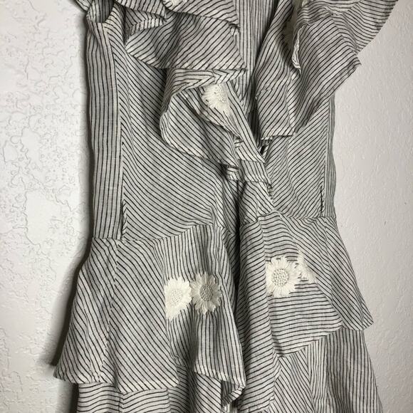 Innika Choo white black stripe floral embroidered ruffle linen dress 2 or Medium - Picture 5 of 16